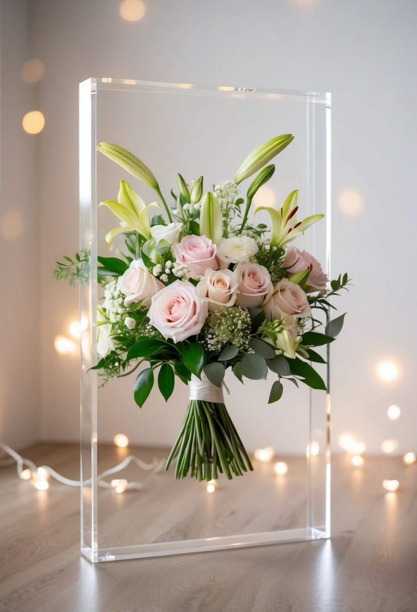 A delicate wedding bouquet of roses, lilies, and greenery floats within a clear acrylic frame, surrounded by soft, ethereal lighting