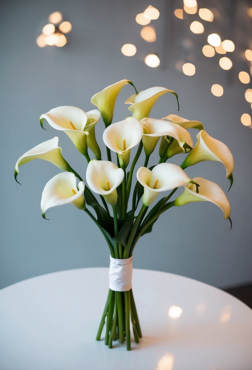 A contemporary wedding bouquet featuring calla lilies in a sleek, minimalist arrangement