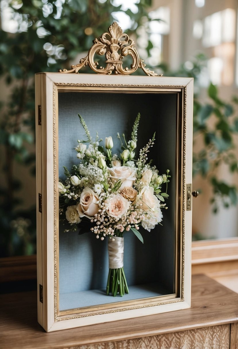 A vintage-inspired shadow box displays preserved wedding bouquet with delicate floral details and ornate frame