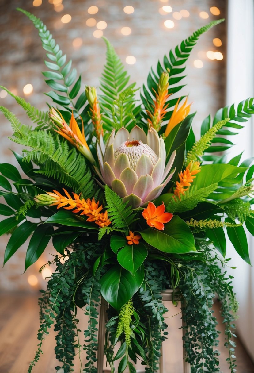 A lush bouquet of tropical protea and ferns arranged in a 1920s style with cascading greenery and vibrant blooms