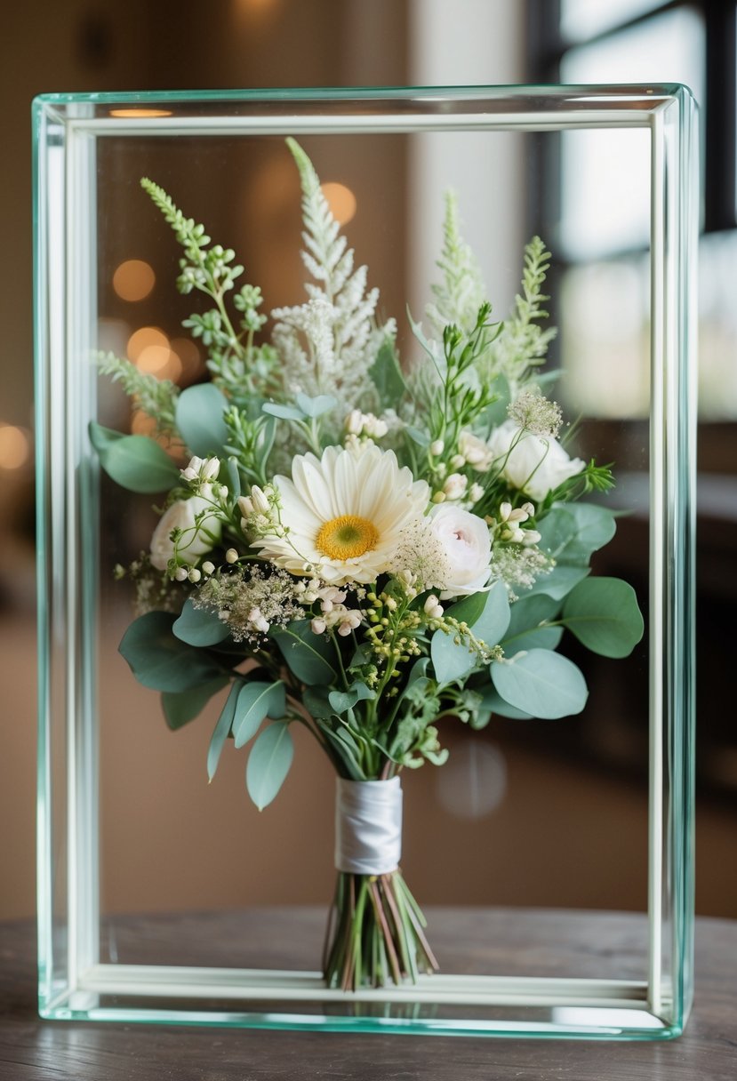 A glass frame holds a preserved wedding bouquet, filled with delicate flowers and greenery, creating a botanical print