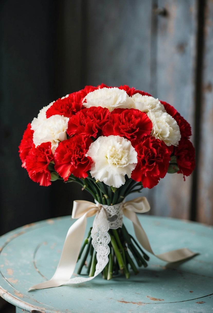 A vintage-inspired bouquet of red and white carnations, tied with lace and satin ribbon, resting on a weathered wooden table