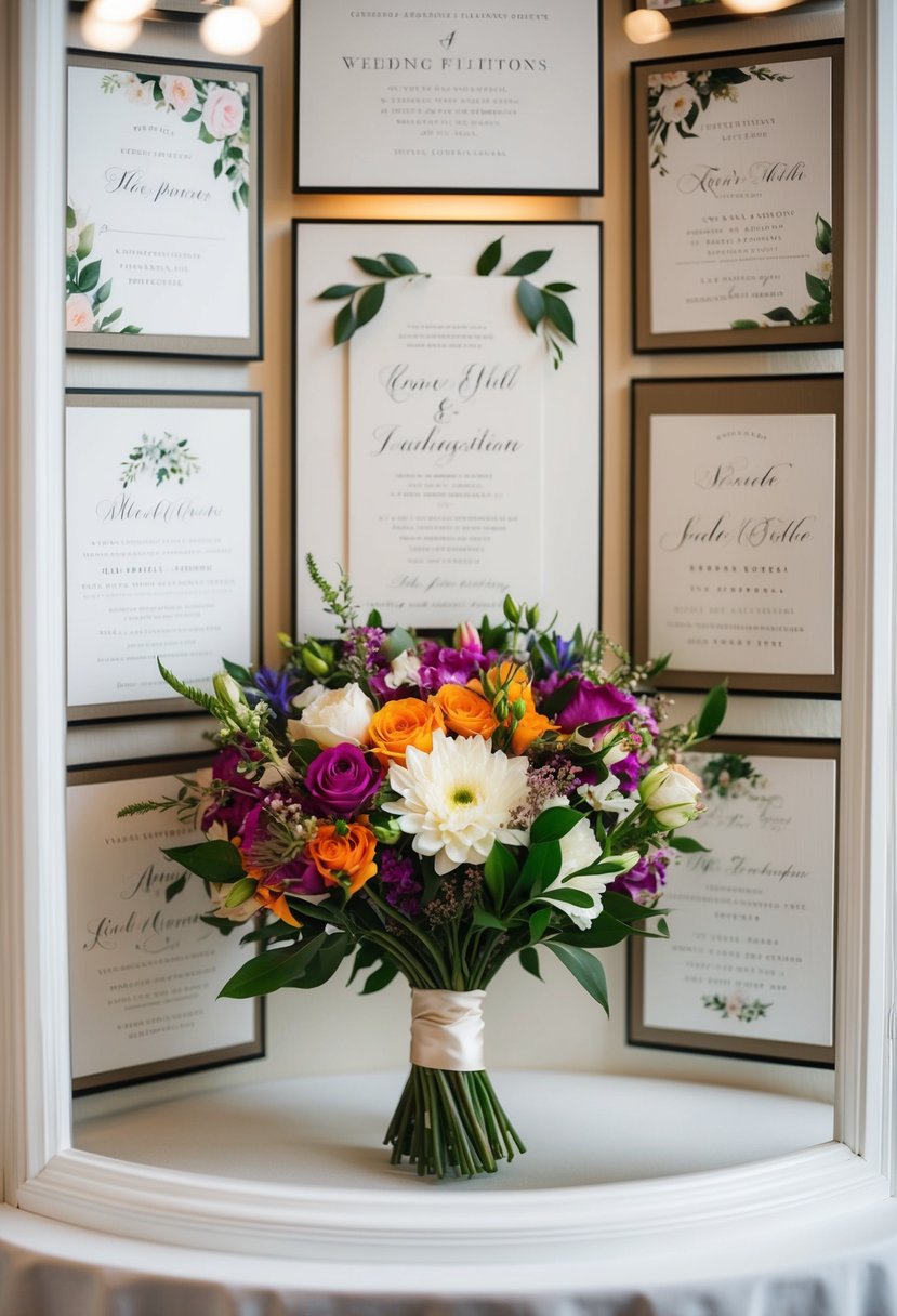 A wedding bouquet of vibrant flowers is delicately framed by a collection of elegant wedding invitations, creating a beautiful and romantic display