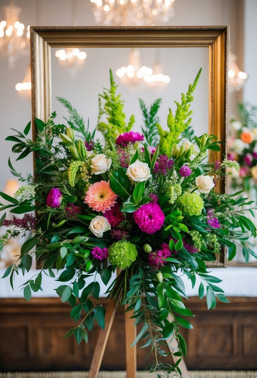 A vibrant bouquet of flowers and greenery arranged in a unique and artistic manner, framed elegantly for a wedding display