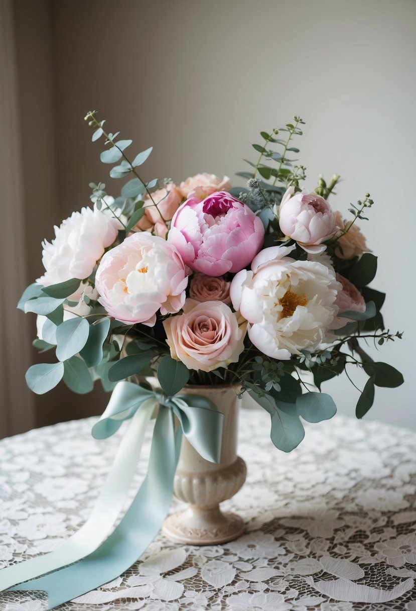 A pastel-colored bouquet of peonies, roses, and eucalyptus, tied with silk ribbon, sits in a vintage vase on a lace-covered table