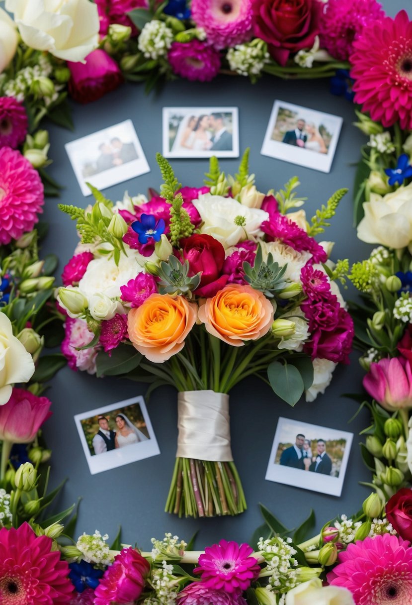 A vibrant wedding bouquet surrounded by a floral frame, with photos interspersed among the flowers