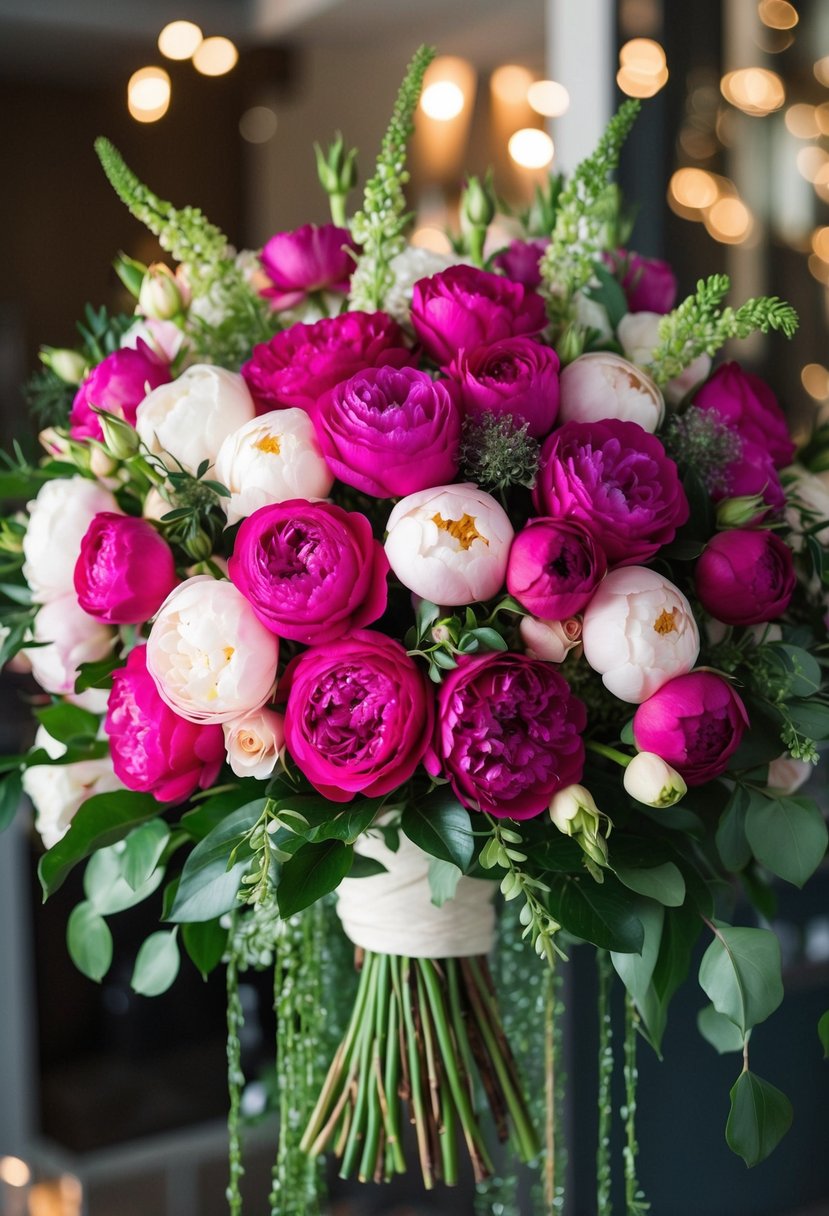 A lush bouquet of vibrant roses and delicate peonies arranged in a romantic, cascading design