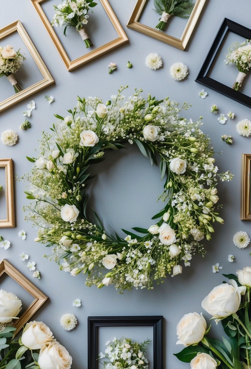 A circular floral wreath composed of delicate wedding blooms, surrounded by various framed wedding bouquet ideas