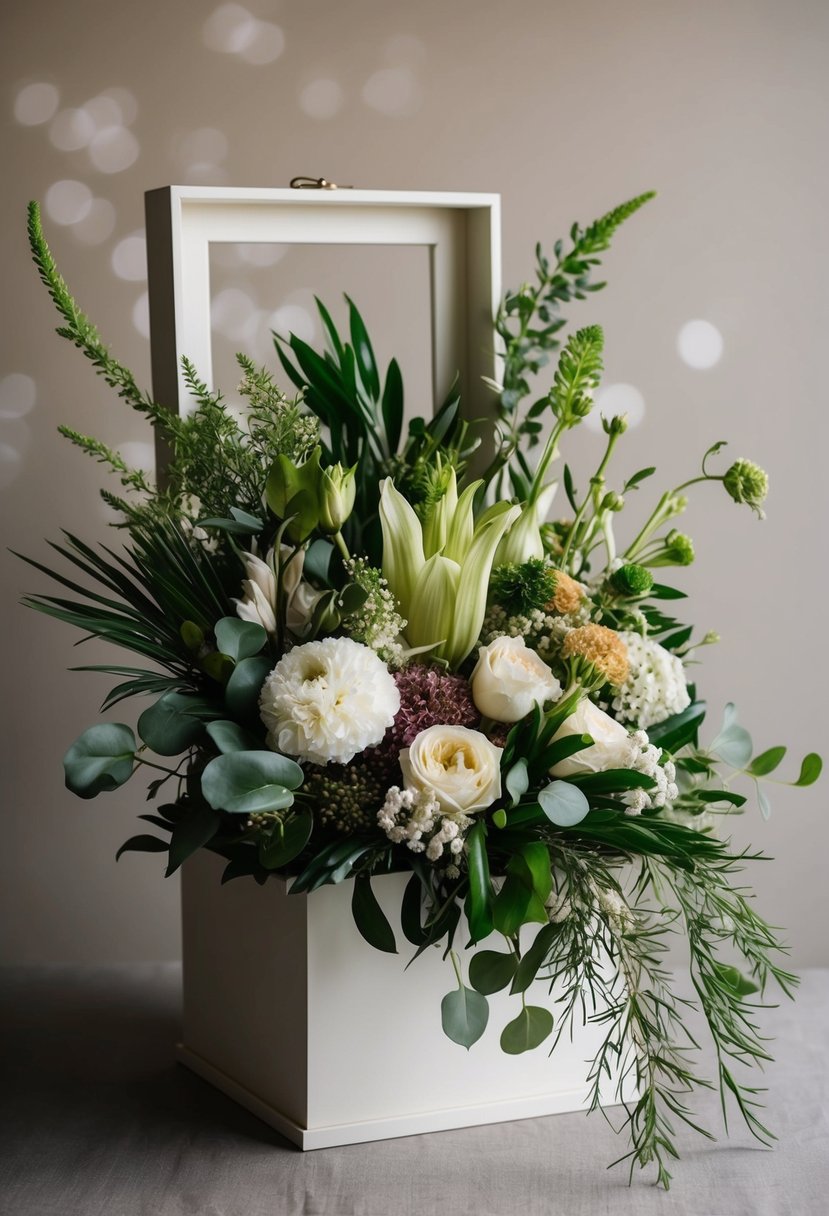 A shadow box filled with a lush, organic wedding bouquet, featuring a variety of flowers and greenery, framed against a neutral background