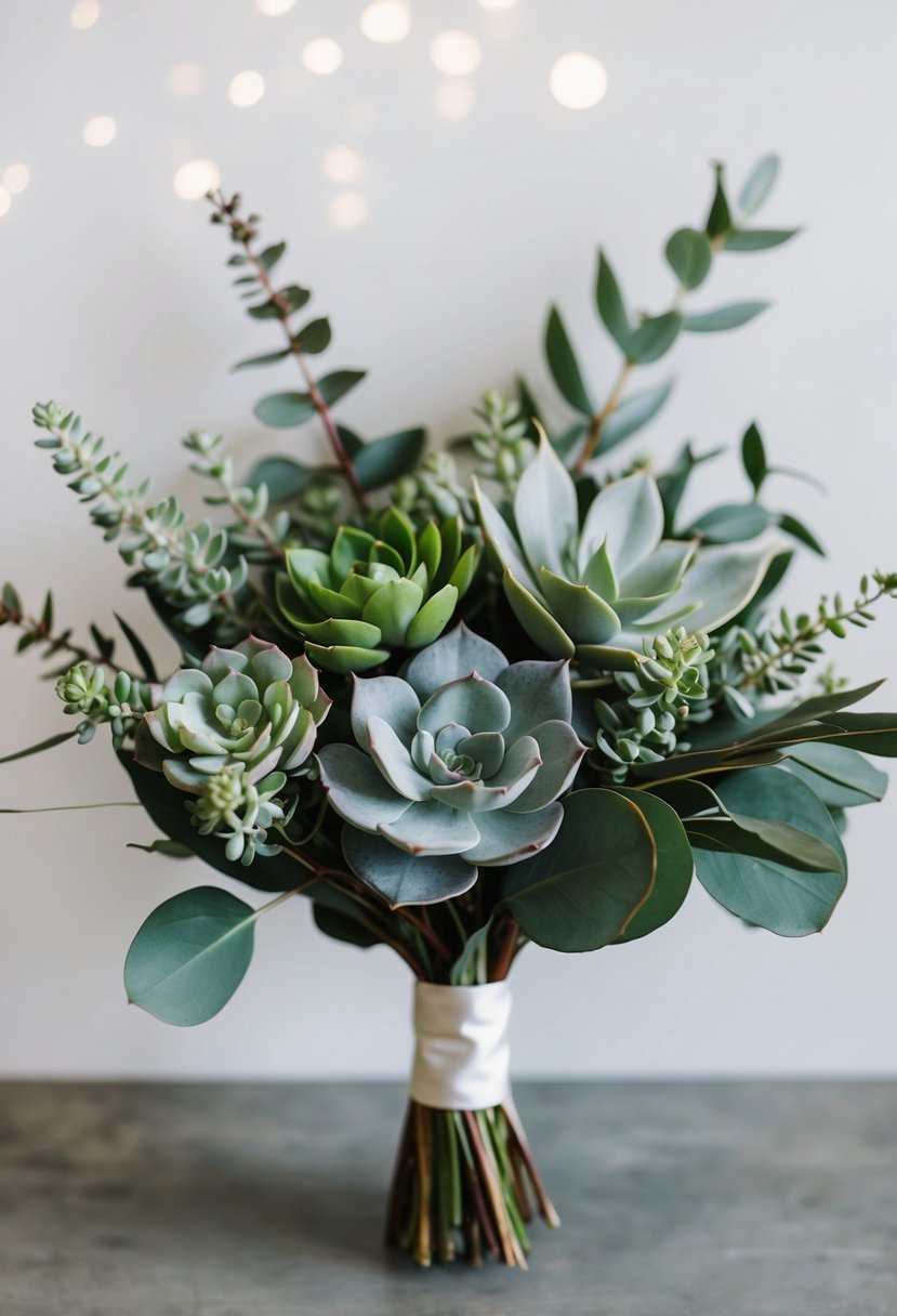 A modern wedding bouquet featuring succulents and eucalyptus, with a clean and minimalist aesthetic