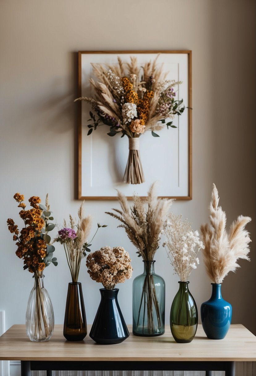 A table with dried flowers in various vases, arranged artistically. A framed wedding bouquet hangs on the wall for inspiration