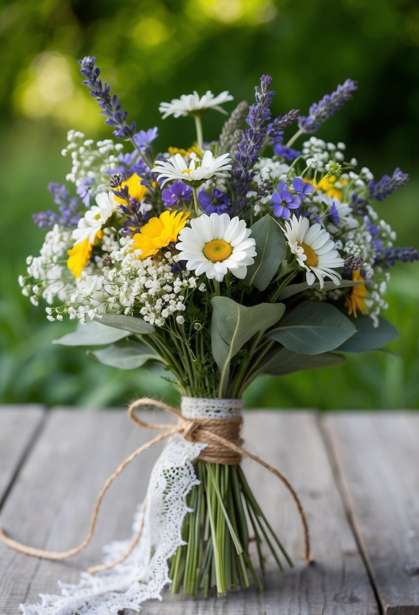 A rustic bouquet of wildflowers, including daisies, lavender, and baby's breath, tied with twine and adorned with lace