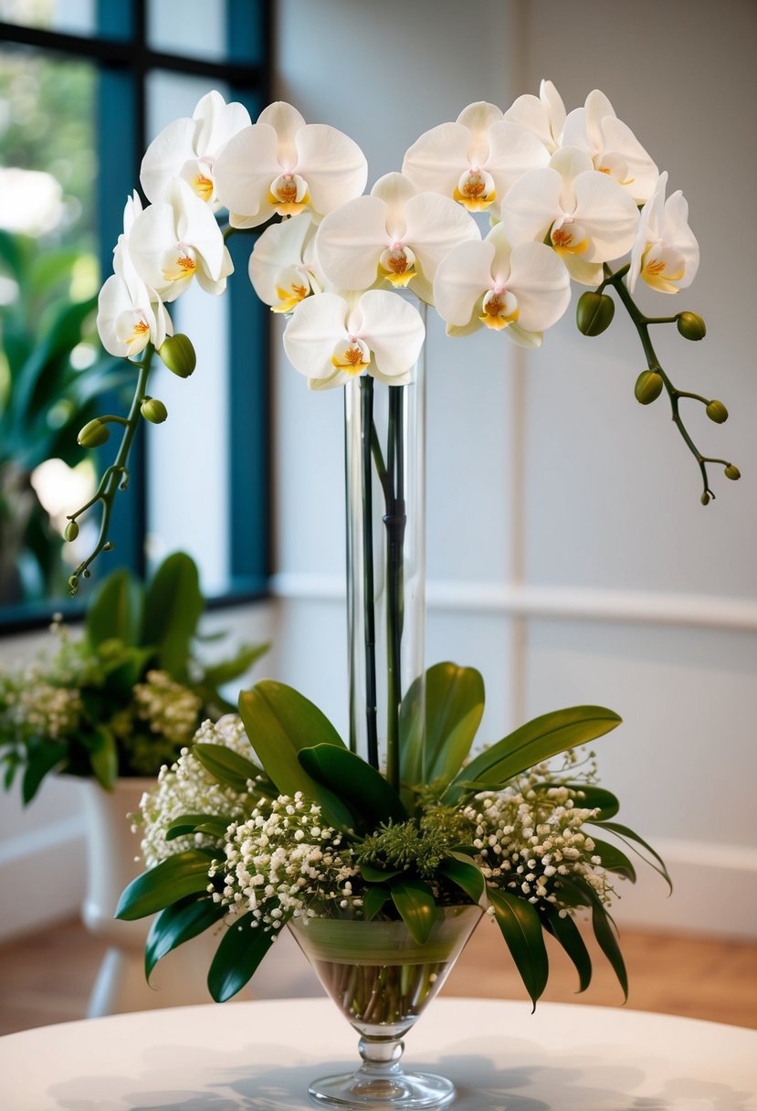 A tall glass vase holds a lush arrangement of elegant white orchids, surrounded by green foliage and delicate baby's breath