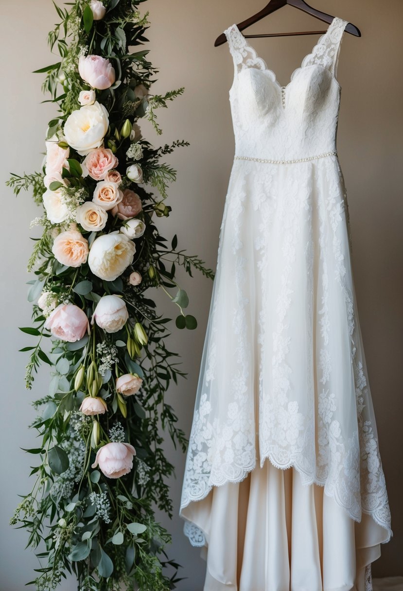 A delicate lace-trimmed wedding dress hangs beside a cascading bouquet of roses, peonies, and greenery