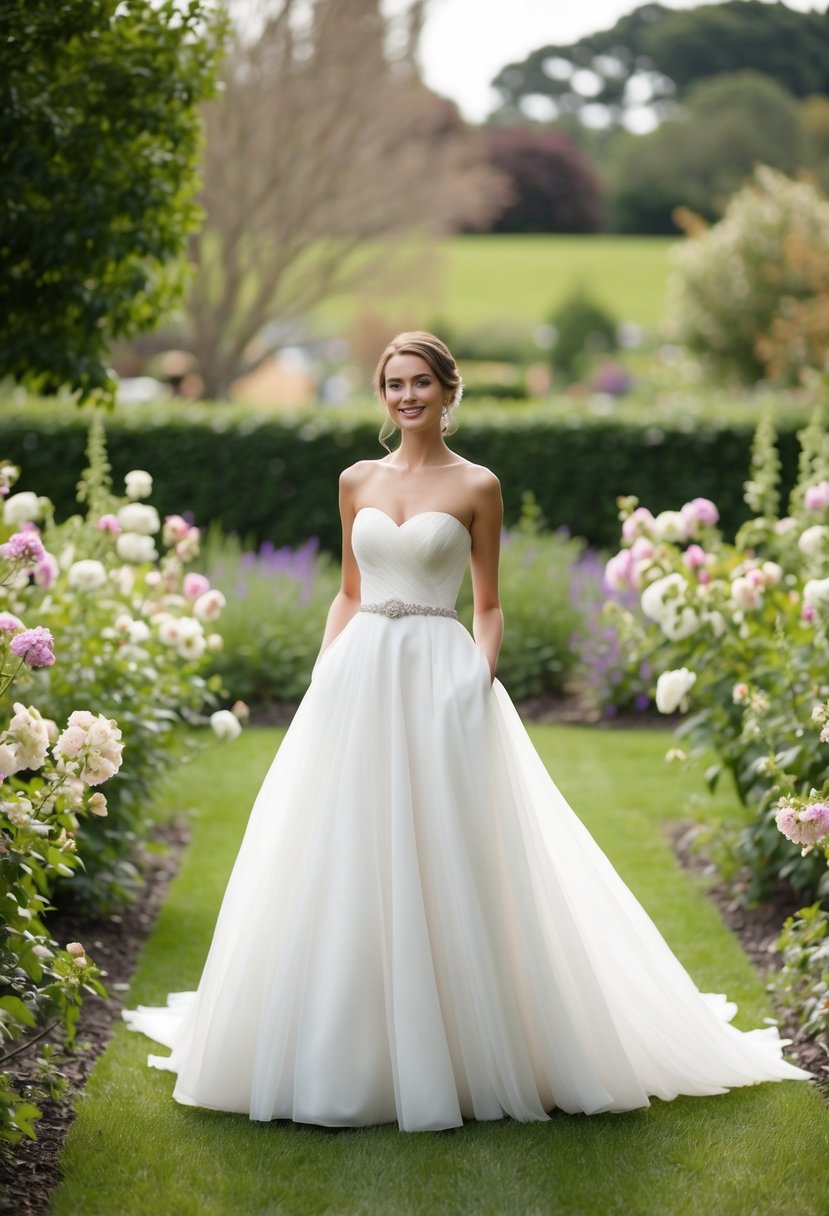 A bride in a flowing strapless wedding dress, standing in a garden surrounded by blooming flowers and greenery