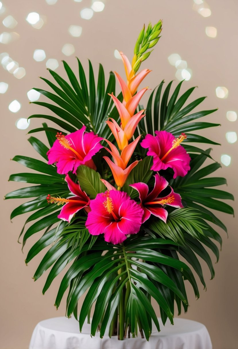 A vibrant bouquet of tropical hibiscus and palm leaves arranged in a cascading design, with pops of bright pink and green against a neutral background