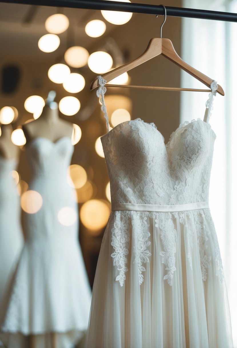 A lace overlay strapless wedding dress hangs on a vintage-inspired mannequin