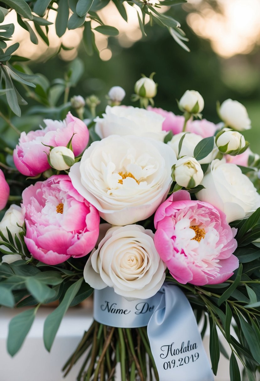 A bouquet of white roses and pink peonies, with a ribbon personalized with names and wedding date, framed by greenery