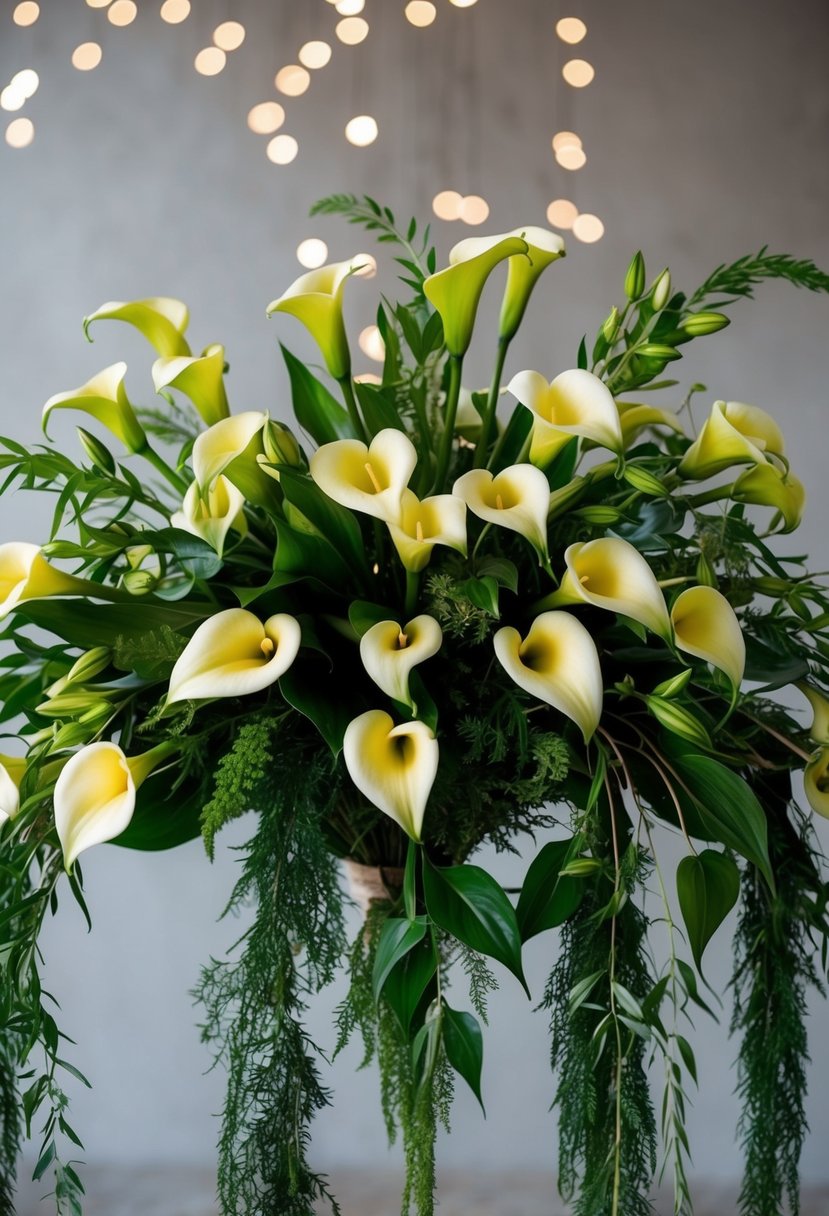 A lush bouquet of cascading greenery and elegant calla lilies, arranged in a natural, organic style