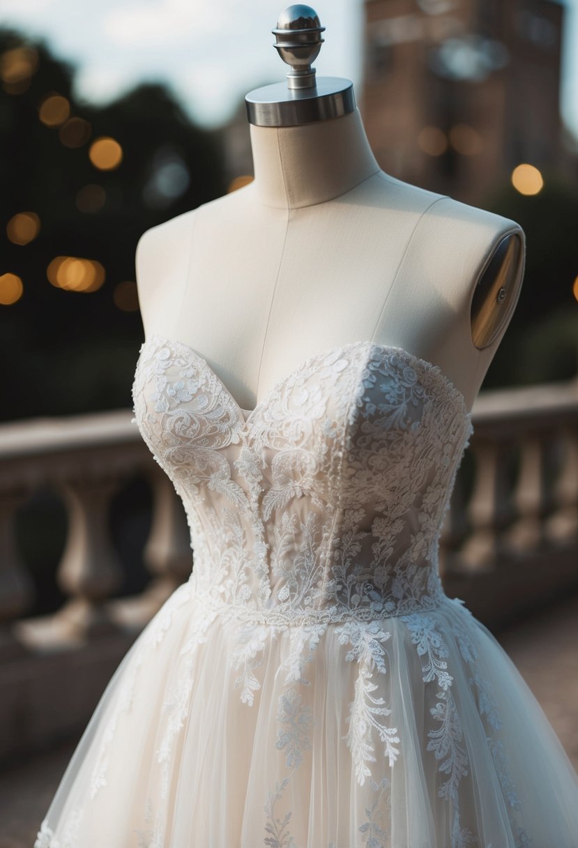 A strapless wedding dress with a sweetheart neckline, adorned with delicate lace and flowing tulle, exuding romance and elegance