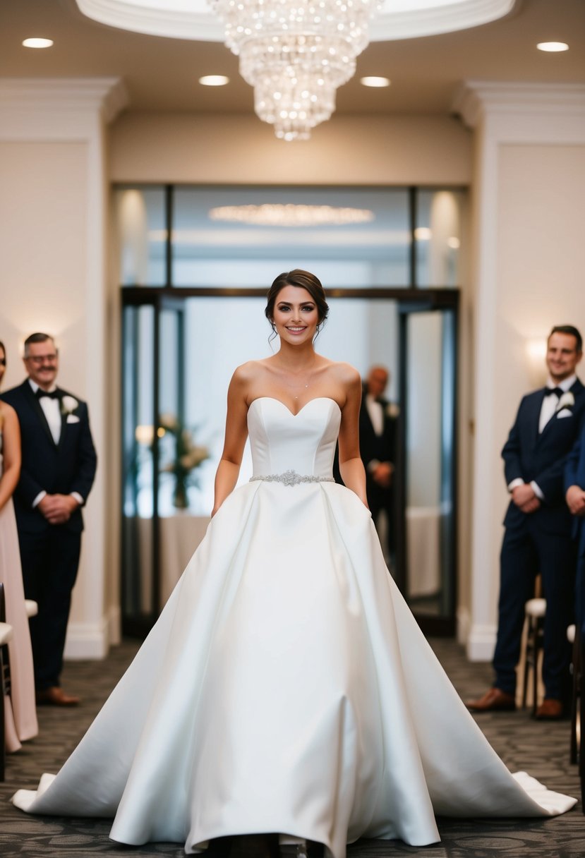 A strapless wedding dress with a detachable train billowing out behind the bride as she makes a dramatic entrance