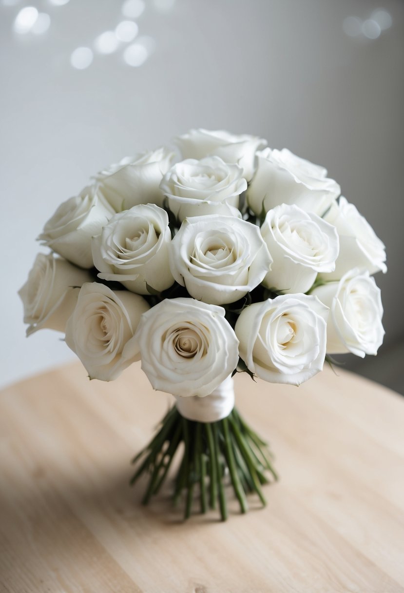 A simple, elegant white rose bouquet arranged in a clean, minimalist style