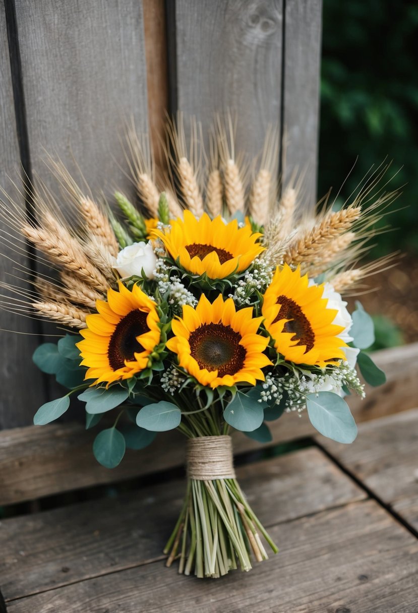 A rustic wedding bouquet with sunflowers and wheat, arranged in a loose, natural style