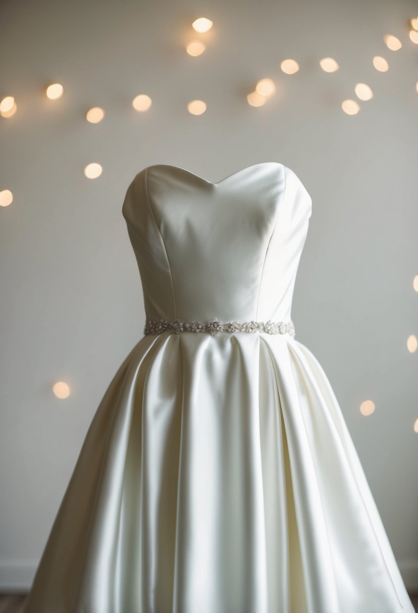 A simple satin wedding dress with a strapless neckline, flowing fabric, and understated elegance