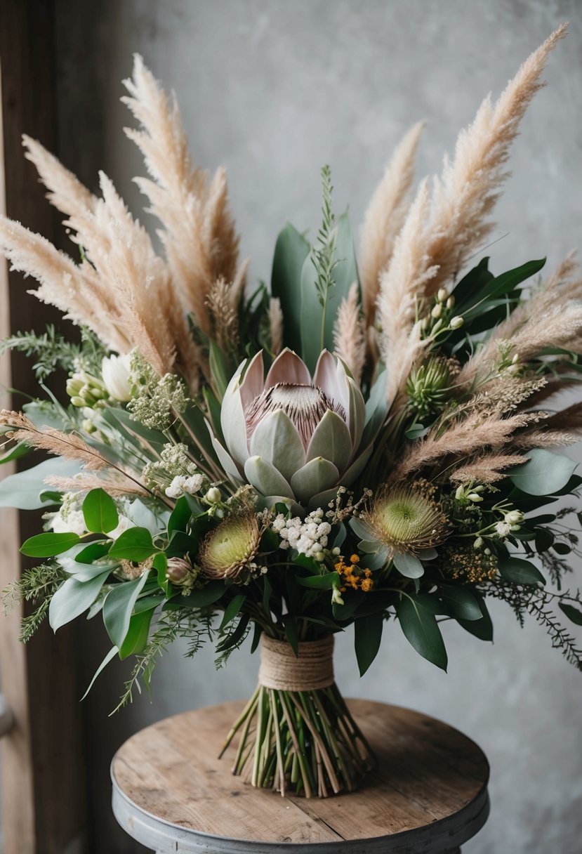 A lush bouquet of protea and pampas grass, accented with delicate wildflowers and greenery, arranged in a rustic, bohemian style