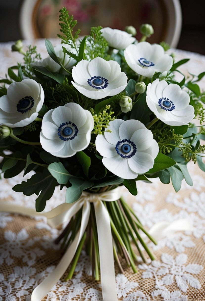 A lush bouquet of white anemones, surrounded by delicate greenery and tied with a satin ribbon, sits on a vintage lace tablecloth