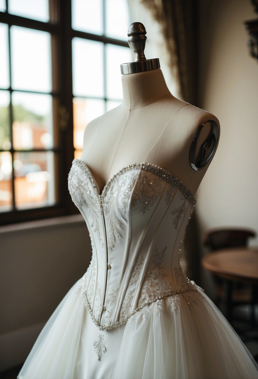 A strapless wedding dress with a corset bodice, creating a fitted silhouette, adorned with delicate lace and intricate beading