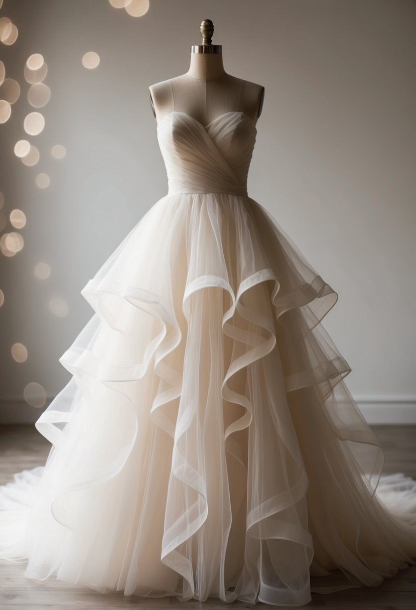 A flowing, strapless wedding dress made of light tulle, with delicate layers creating a whimsical and ethereal look