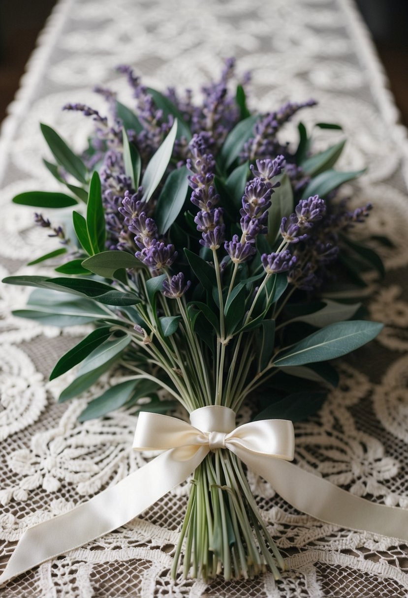 A delicate bouquet of lavender and olive leaves, tied with a satin ribbon, resting on a vintage lace table runner