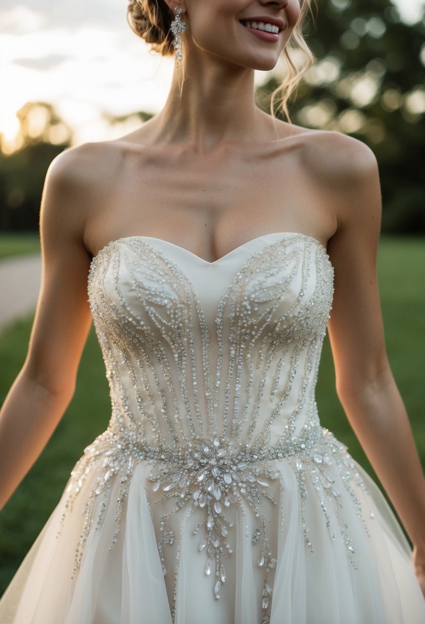 A strapless wedding dress adorned with shimmering beaded embellishments cascading down the bodice and skirt, catching the light with every movement