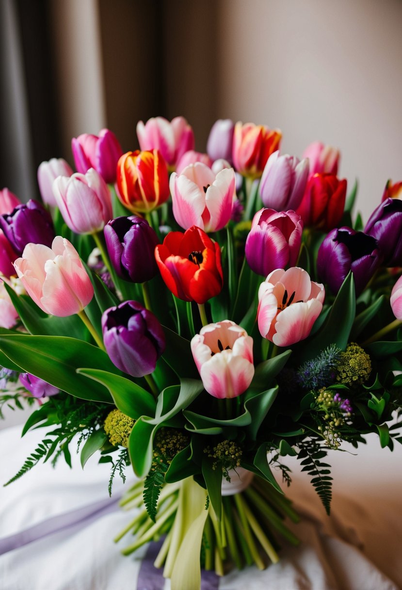 A vibrant assortment of spring tulips arranged in a wedding bouquet, with varying shades of pink, red, and purple, accented by lush green foliage