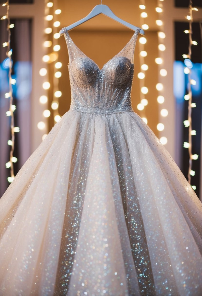 A sparkling wedding dress with cascading glitter and sequins, surrounded by twinkling fairy lights and shimmering tulle