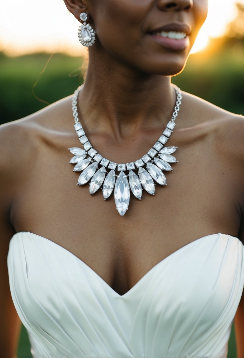 A strapless wedding dress with a bold statement necklace