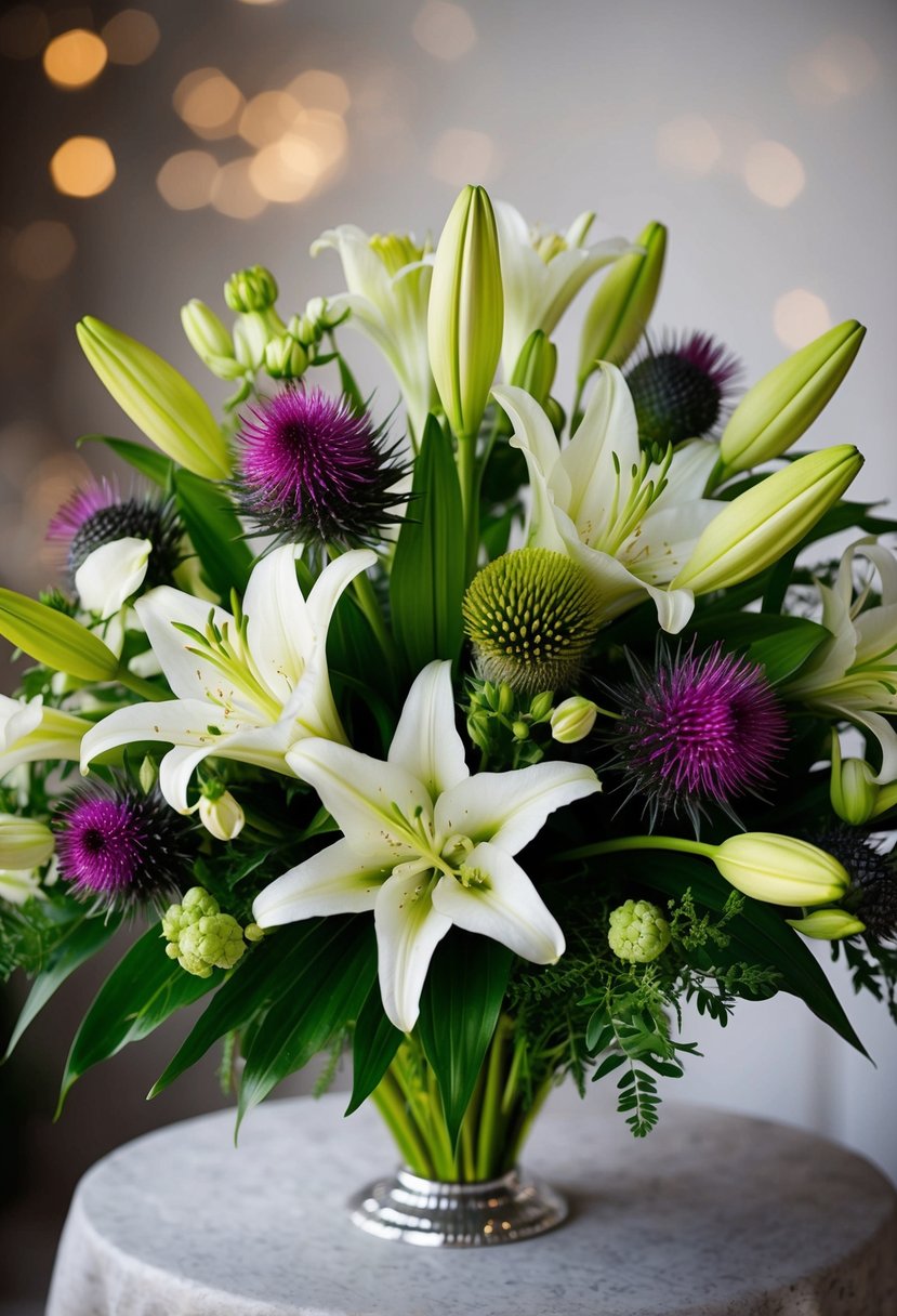 A lavish bouquet of lilies and thistles arranged in a sophisticated and elegant manner, with a mix of delicate and bold textures