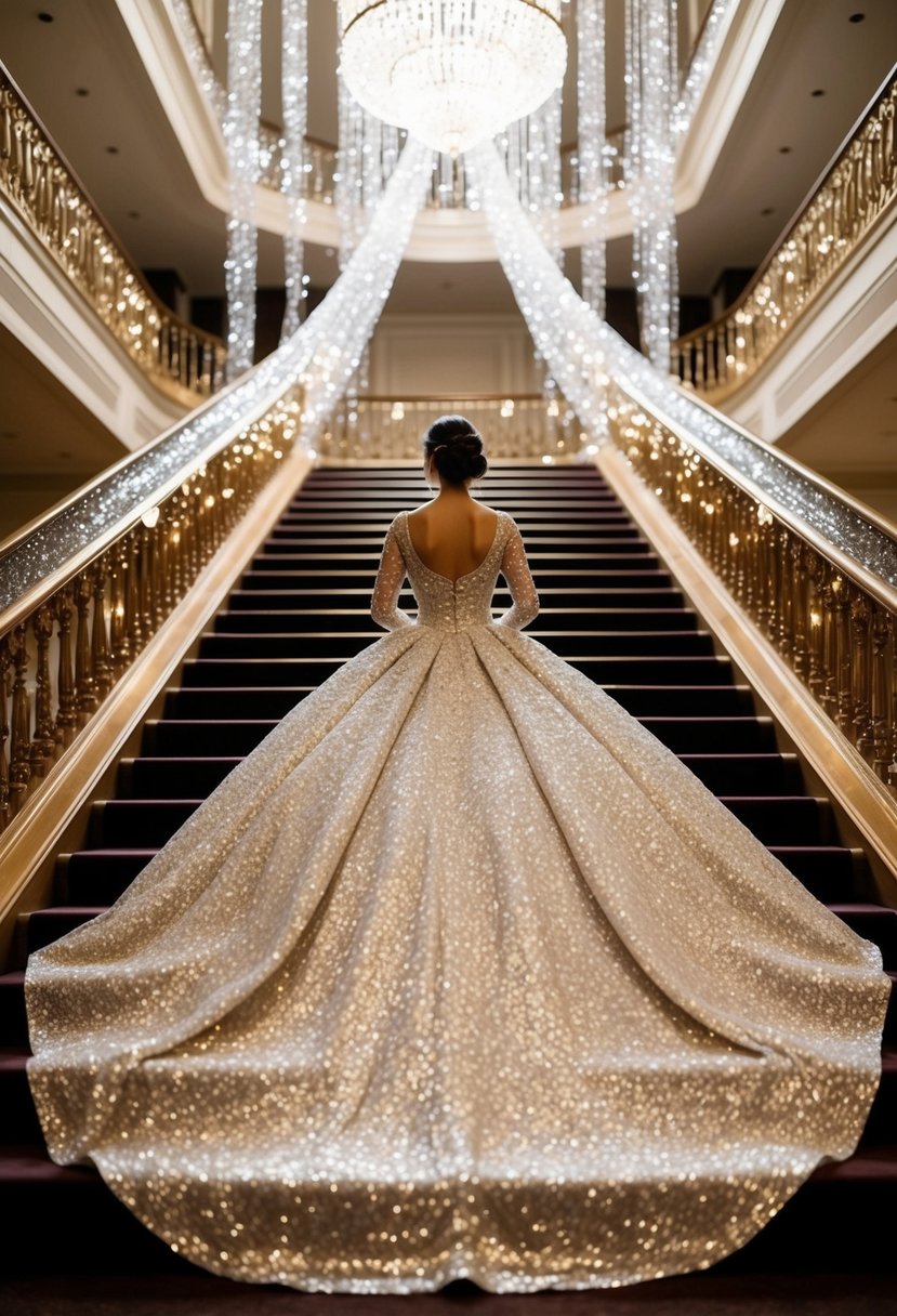 A sparkling ball gown adorned with shimmering glitter cascades down a grand staircase, catching the light and creating a dazzling display