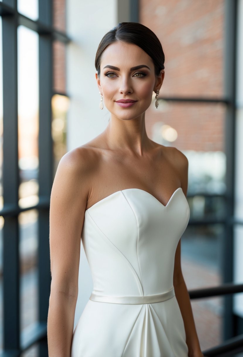 A strapless wedding dress with an asymmetric hemline, featuring modern flair and clean lines