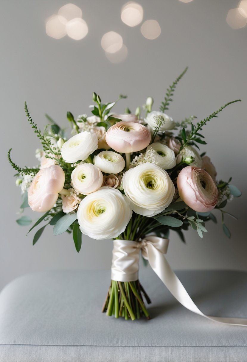 A romantic wedding bouquet featuring blush and ivory ranunculus, accented with delicate greenery and tied with a satin ribbon