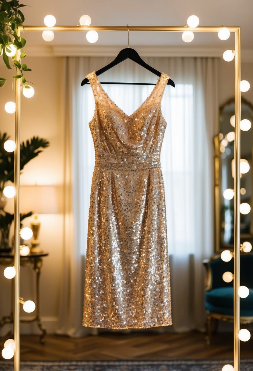 A sparkling vintage-inspired sequin dress hangs on a mannequin, surrounded by soft lighting and elegant decor