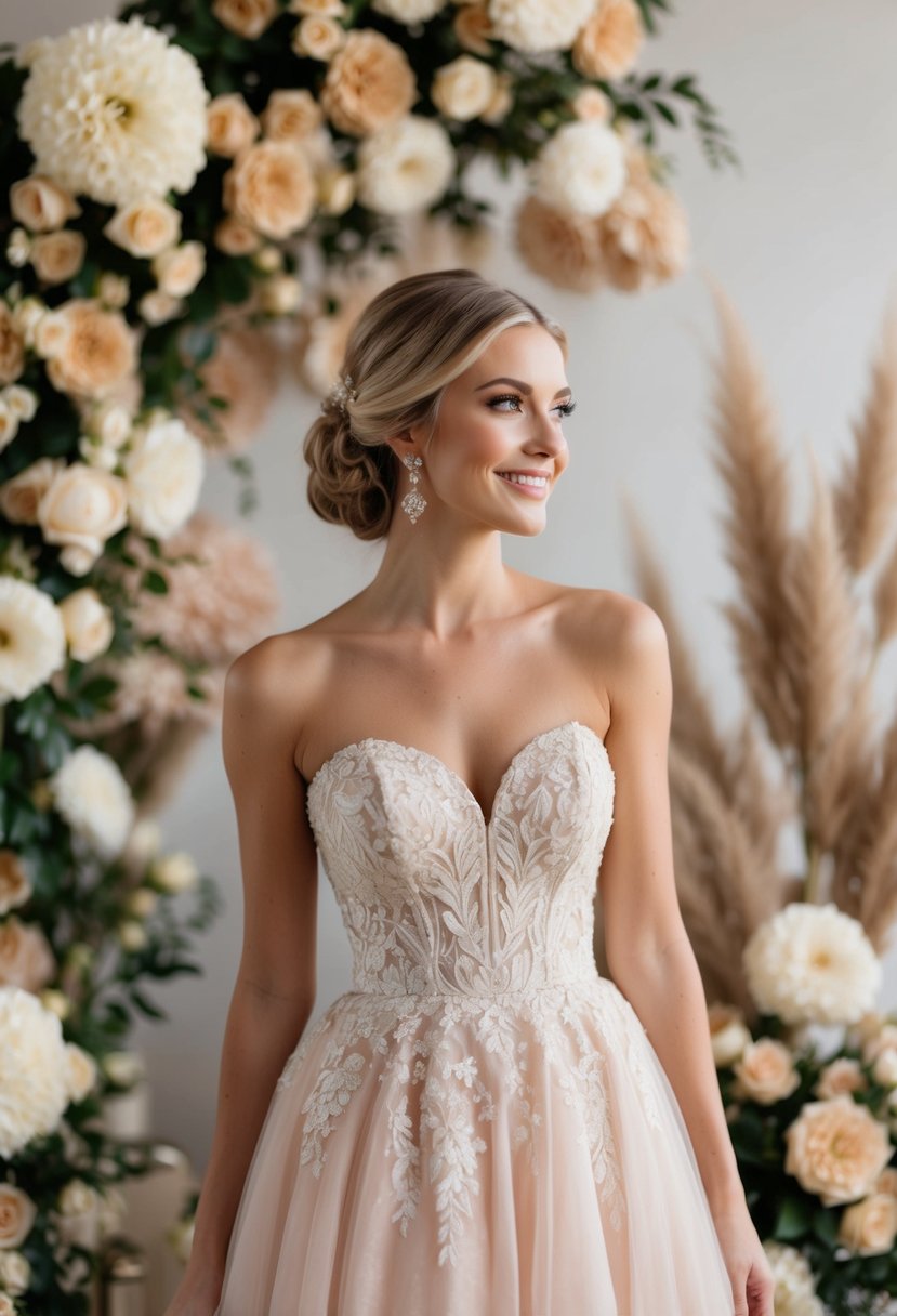 A bride in a strapless blush wedding dress, surrounded by champagne-colored flowers and decor