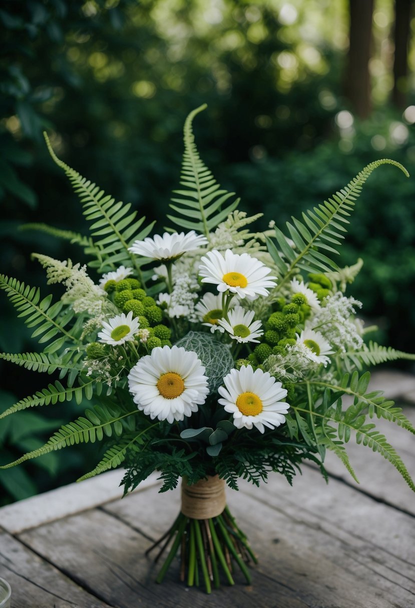 A bouquet of daisies and ferns arranged in a whimsical and organic style, with delicate details and a natural, garden-inspired feel