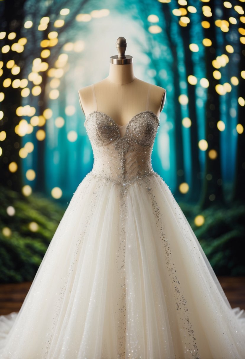 A sparkling tulle wedding dress adorned with fairy tale-inspired glitter and shimmering details, set against a dreamy background of enchanted forest and twinkling stars