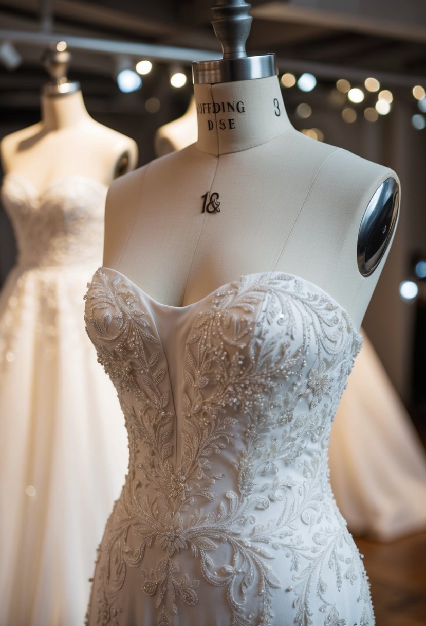 A strapless wedding dress adorned with intricate embroidery cascades down a mannequin, showcasing delicate detail and elegant design