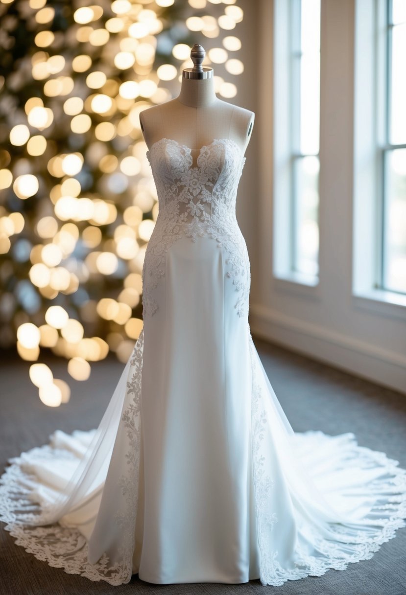 A strapless wedding dress with illusion lace accents cascading down the bodice and trailing onto the skirt, creating an elegant and romantic look