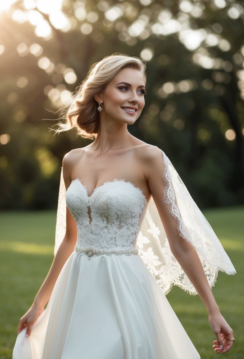 A strapless wedding dress with a lace cape, flowing in the breeze