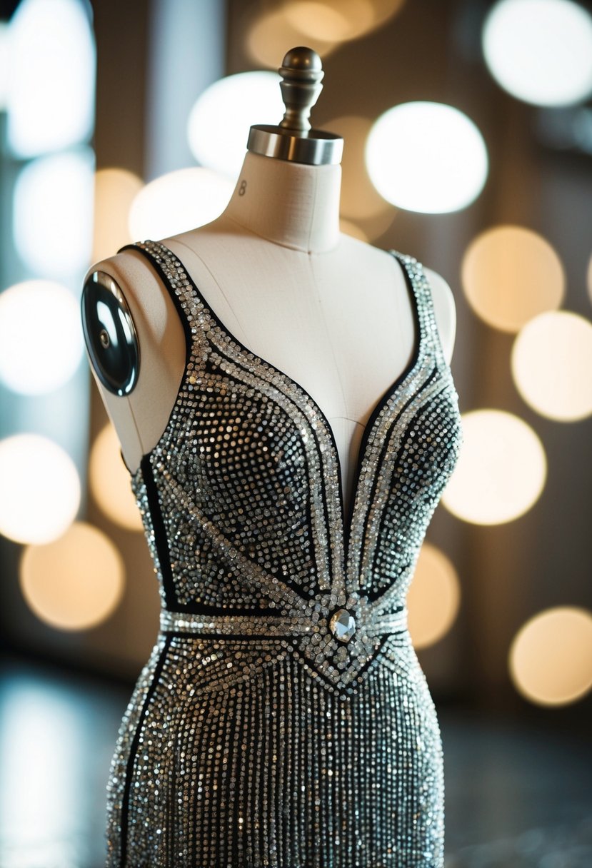 A shimmering rhinestone embellished dress on a mannequin