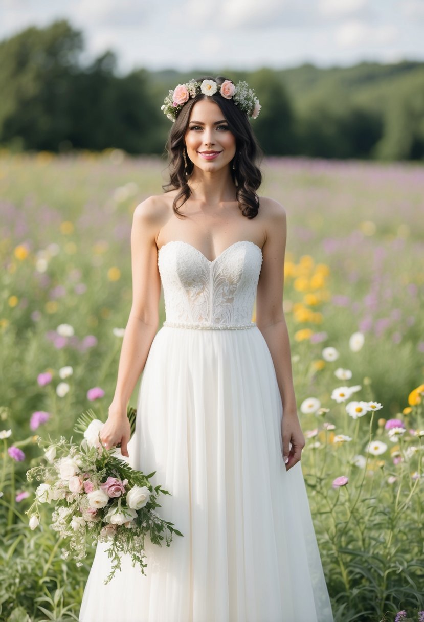 A bride in a strapless wedding dress wearing a floral crown, standing in a field of wildflowers